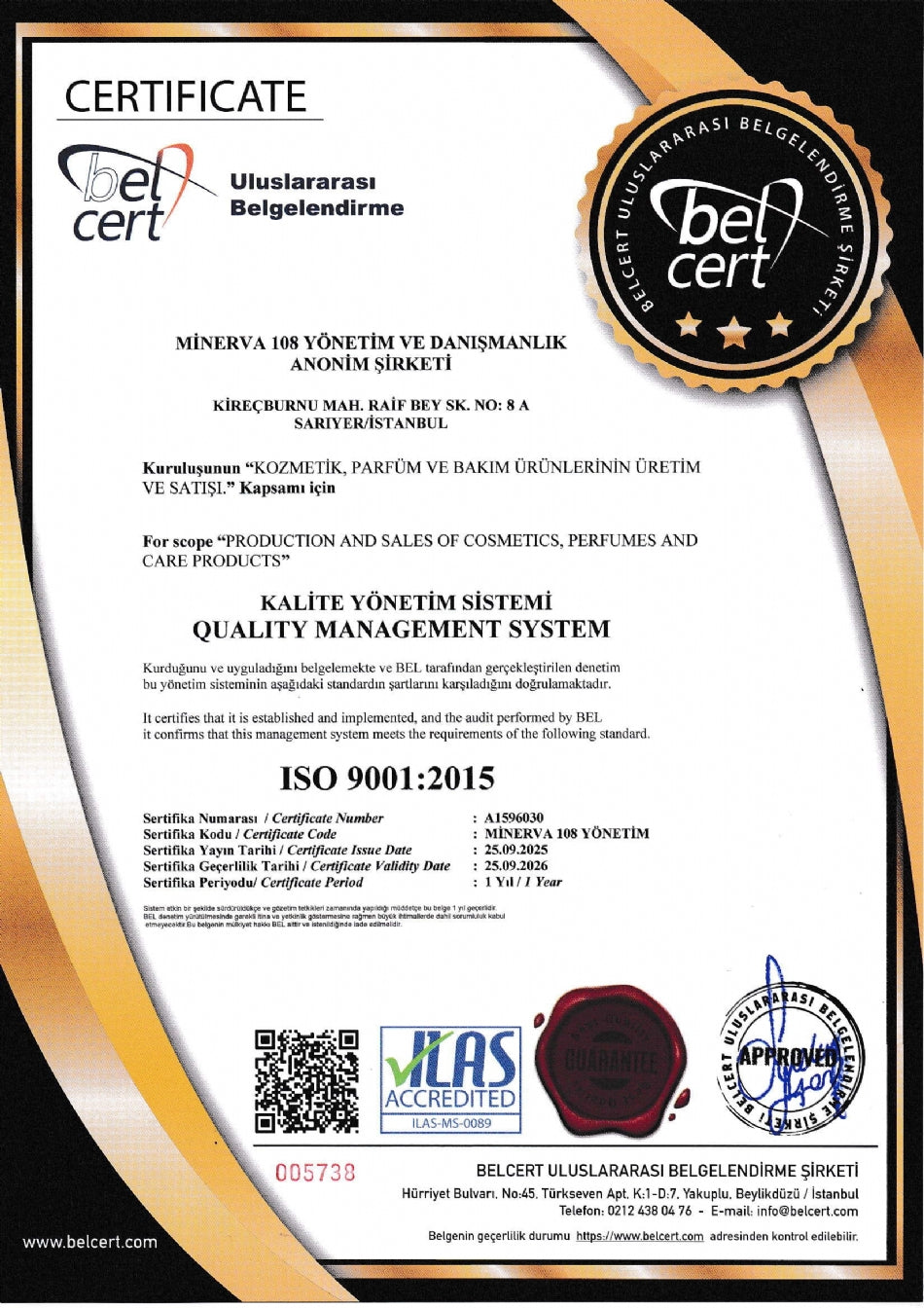 ISO 9001:2015 certificate of Minerva108 Cosmetics